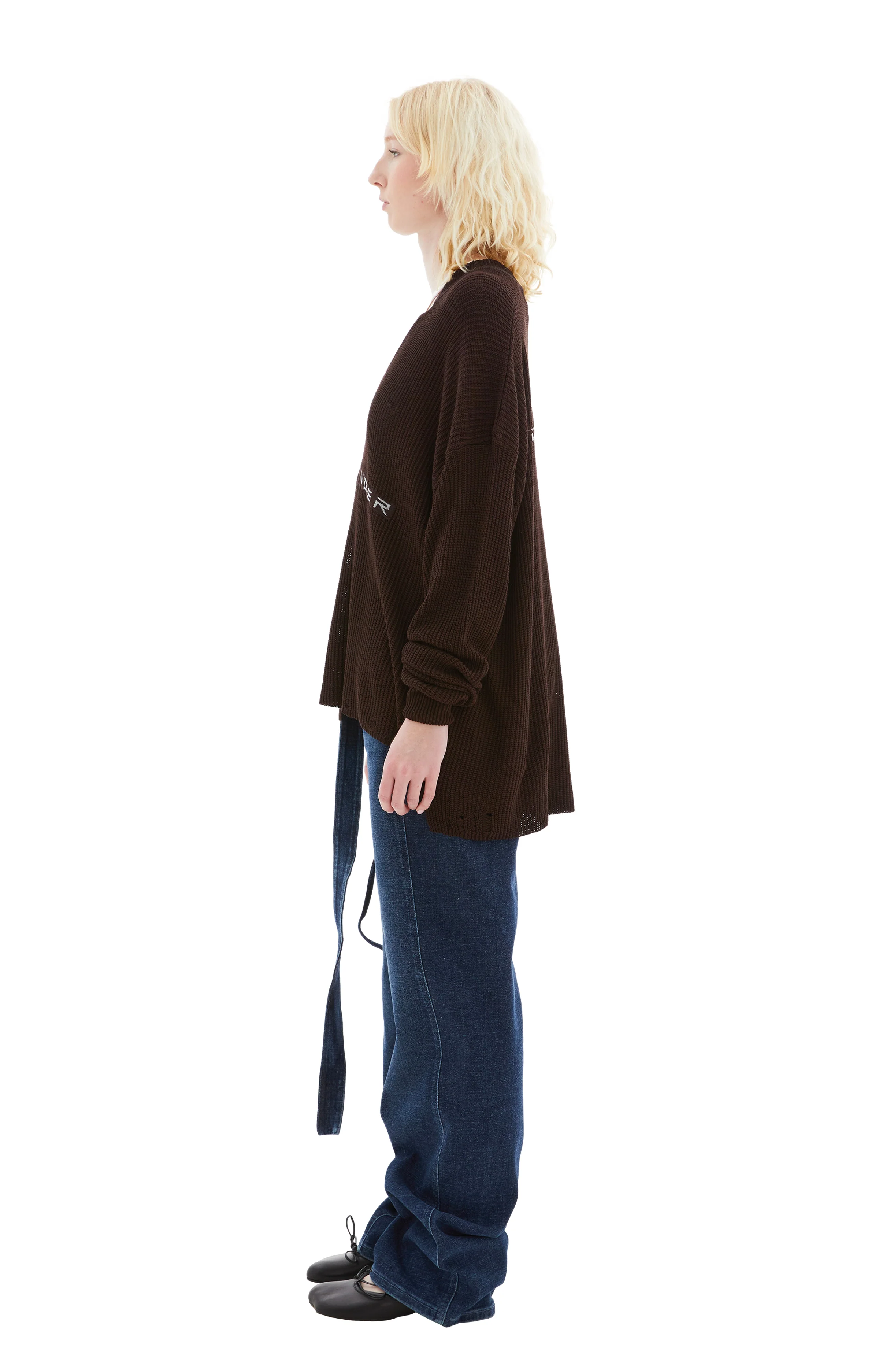 Knit Open Collar Sweater (Brown) - Image 2